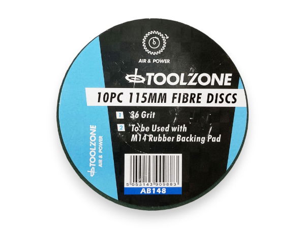 TOOLZONE 10PC 115MM 36 GRIT FIBRE DISCS